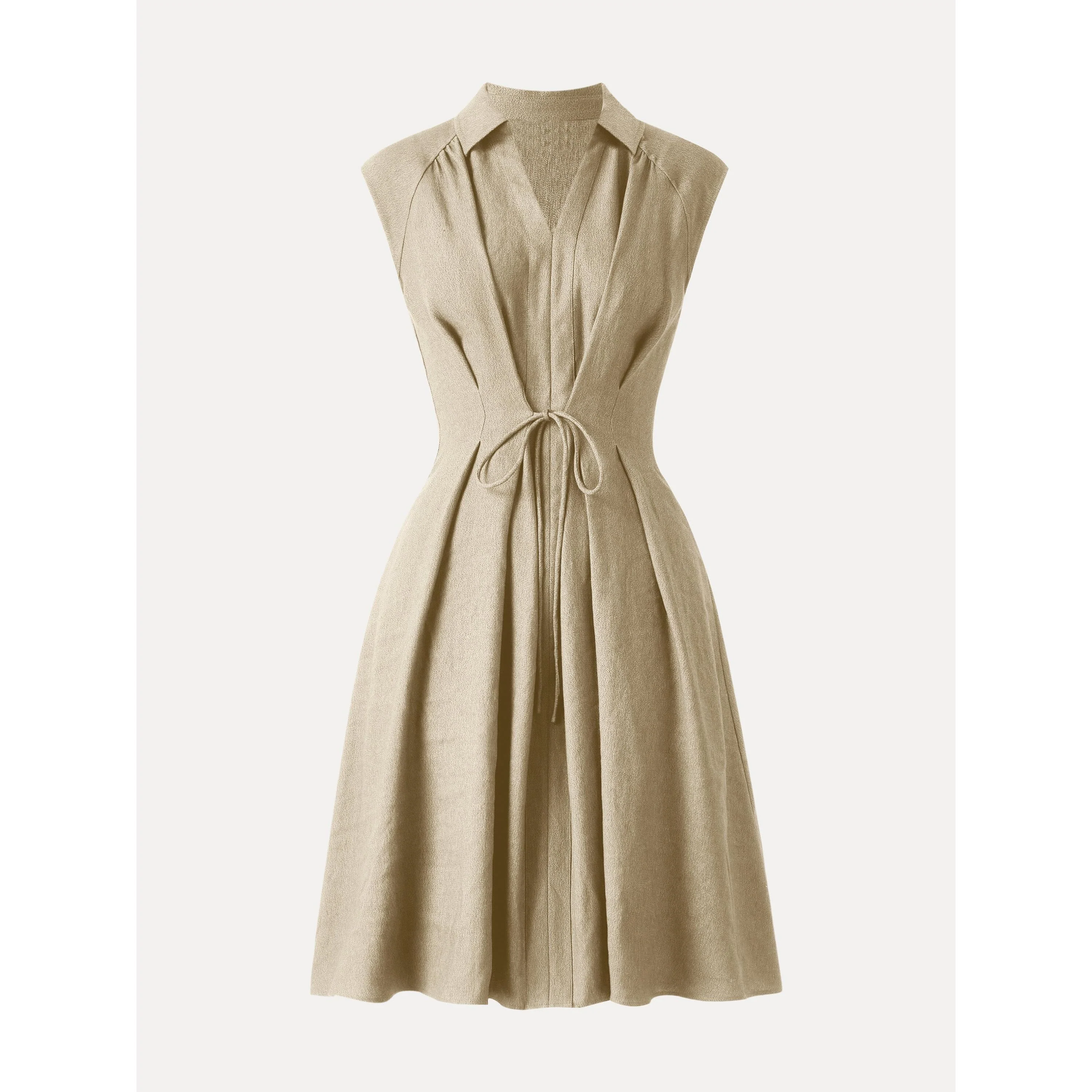 Viscose-Linen Collared V-neck Midi Dress with Drawstring - Image 20