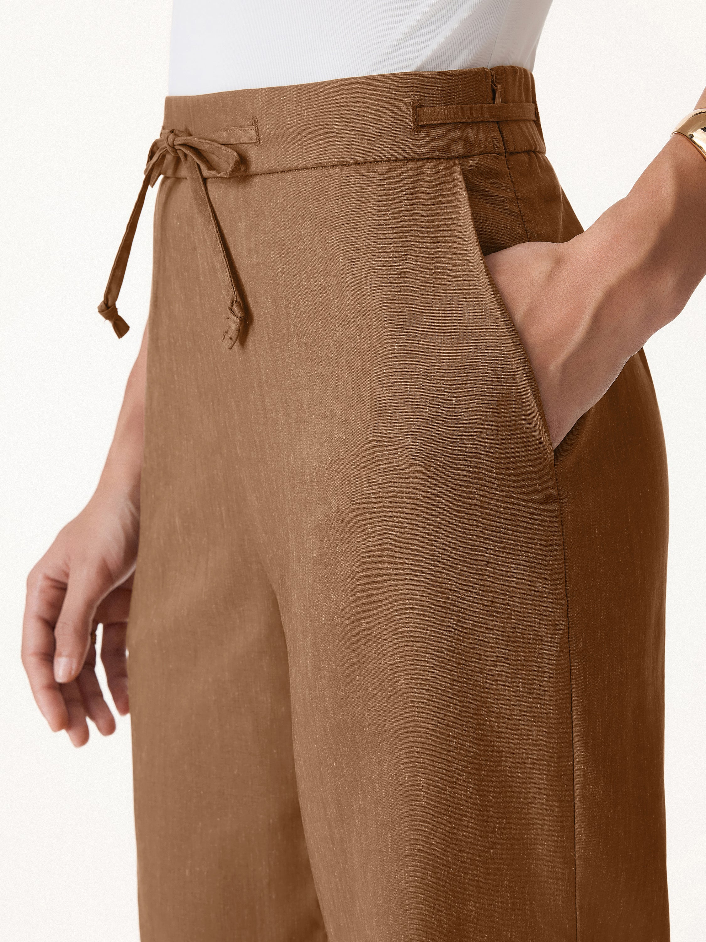 Wrinkle-Resistant Linen Drawstring Wide Leg Pant with Pockets - Image 3